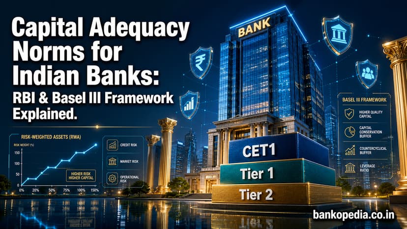 Cinematic finance hero image showing a modern glass bank building, CET1, Tier 1 and Tier 2 capital blocks, risk-weighted asset graphs, shield icons, and Basel III framework visuals explaining capital adequacy norms for Indian banks.