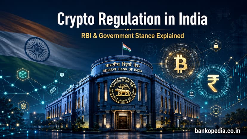 Hero image showing the Reserve Bank of India with blockchain nodes, Bitcoin and rupee symbols, and an Indian flag background, illustrating crypto regulation in India and the RBI-government stance.