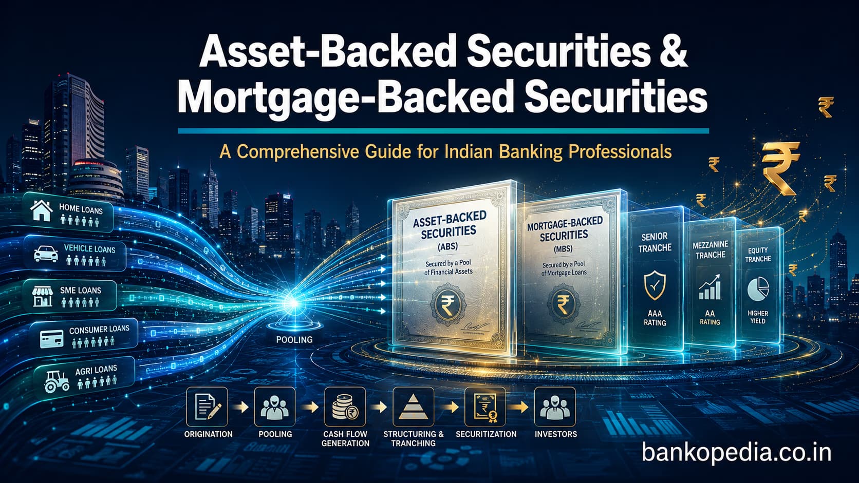 Hero image explaining Asset-Backed Securities and Mortgage-Backed Securities for Indian banking professionals, showing loan pools, securitization, bond certificates, rupee symbols, and financial data streams