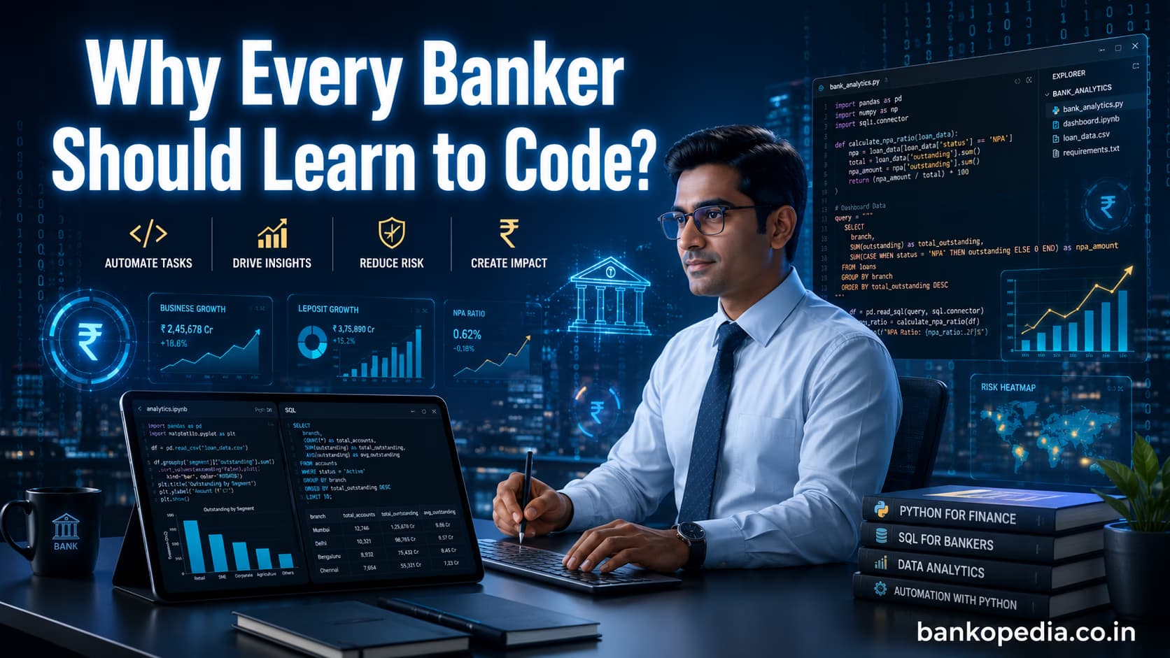 Indian banker using Python and SQL at a modern fintech workstation with banking dashboards, code editor, rupee symbols, and financial analytics visuals.