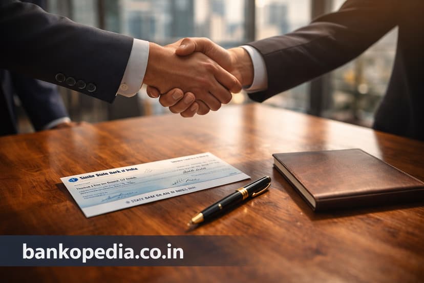 Professional handshake over a signed Indian bank cheque illustrating the Negotiable Instruments Act in India