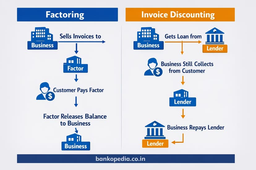 Side-by-side flowchart comparing factoring vs invoice discounting process for MSME working capital finance (bankopedia.co.in)