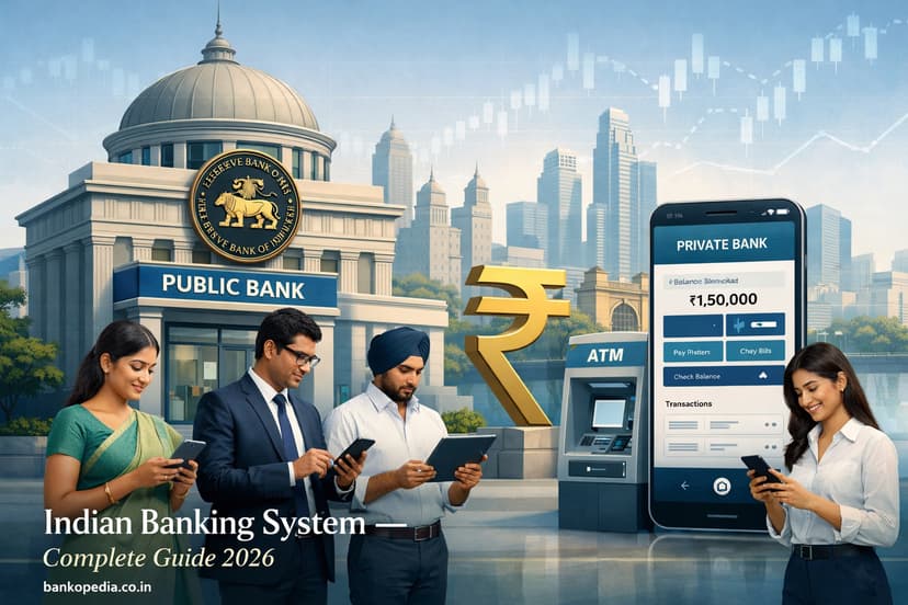 Indian Banking System 2026 guide image with RBI-style bank, digital banking app, ATM, rupee symbol, and Indian professionals