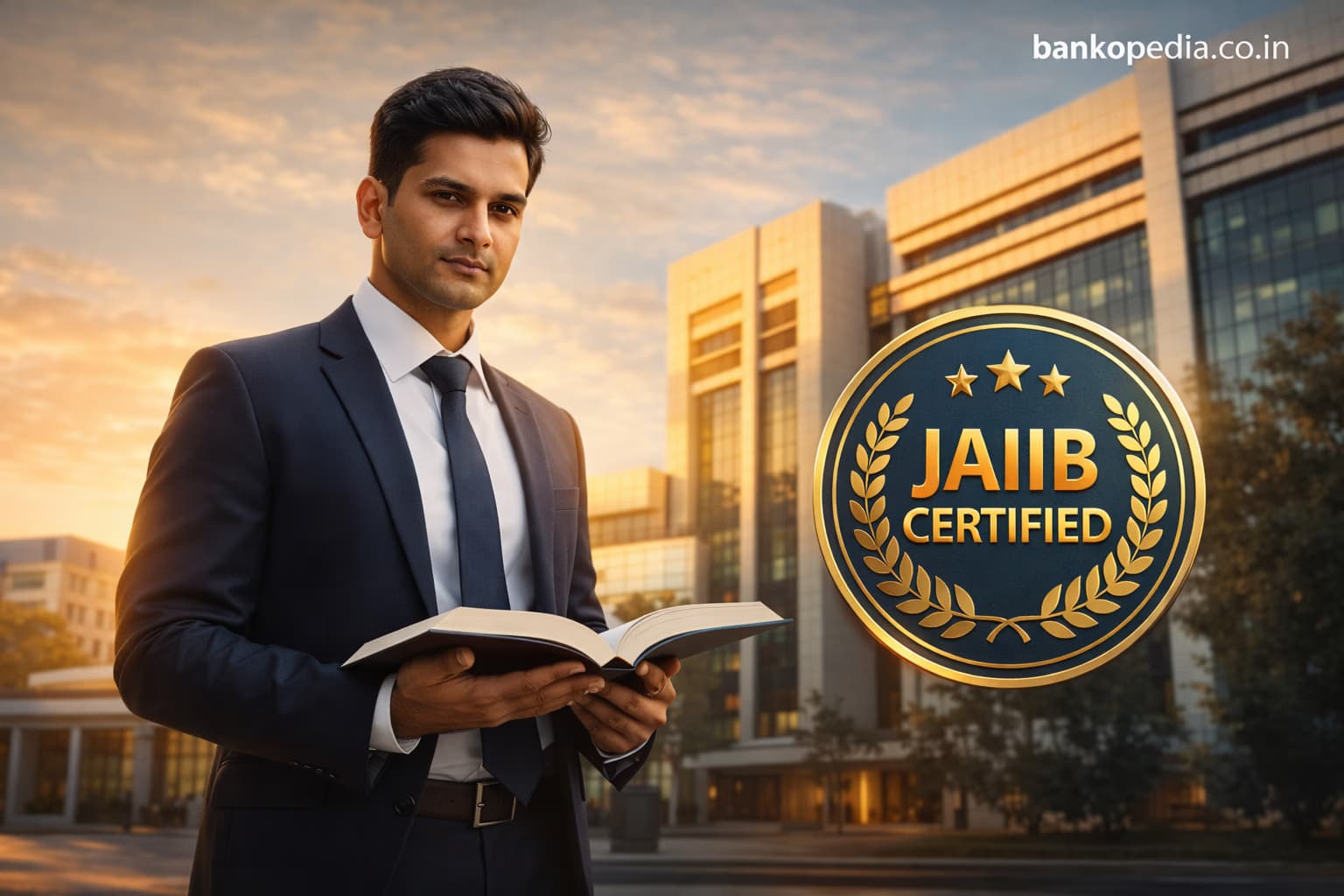 Young Indian bank professional holding a book in front of a modern bank building for JAIIB Exam 2026 complete study guide