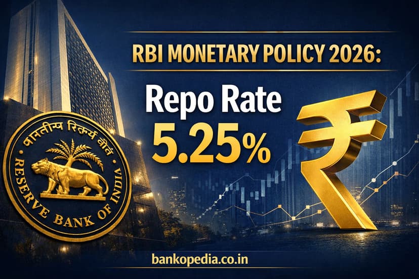 Featured image showing RBI Monetary Policy 2026 with repo rate at 5.25%, including RBI building, Reserve Bank of India emblem, golden rupee symbol, and bankopedia.co.in branding in navy blue and gold theme