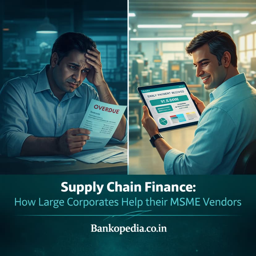 Supply chain finance in India illustration showing an MSME factory owner with an overdue invoice on the left and reviewing early payment received on a digital tablet on the right, explaining how large corporates help their MSME vendors